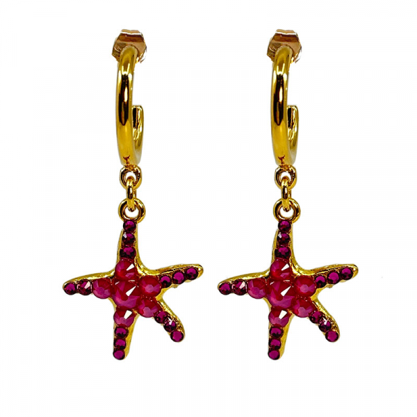 Ekaterini earrings starfish, pink Swarovski crystals brown cord and with gold accents